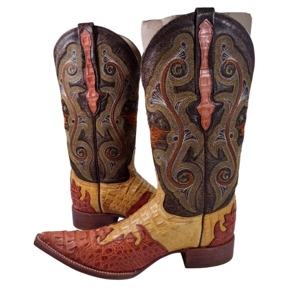 New El General Crocodile Skin Embroidered Red Yellow Brown Cowboy Boots Sz 6.5 - Picture 2 of 9